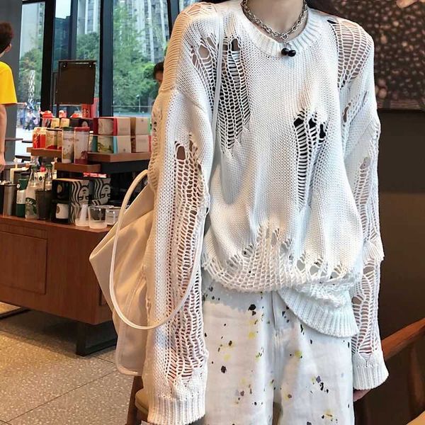 

loose casual o neck full plus size white hole sweaters women pullovers pull black hollow out irregular knitted shirts wild 210610, White;black