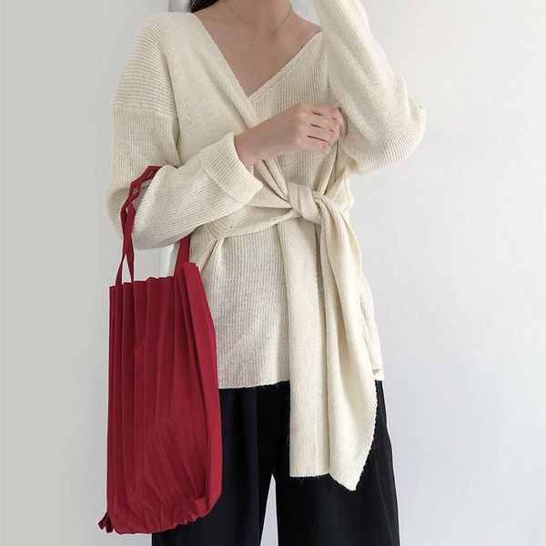 

women's sweaters autumn oversized women sweater 2021 knitted pullover lace up jumper casual korean v neck simple knitwear, White;black