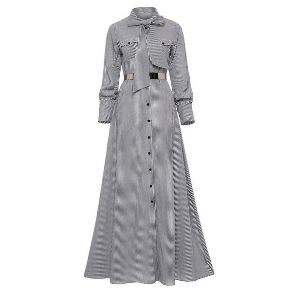 

women striped maxi dress floor-length bowknot tie long sleeve loose button autumn pocket elegant a-line casual dresses, Black;gray