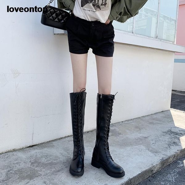 

boots loveonwinter women over knee black short plush lace up waterproof high woman lady keep warm round toe pu