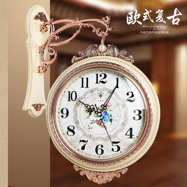 

european luxury double wall clock retro living room shabby chic creative large watches home decor horloge murale reloj gift clocks