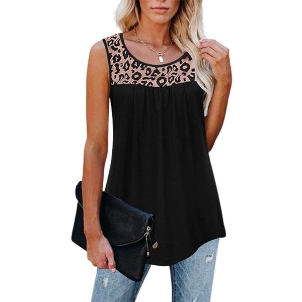

women's t-shirt leopard patchwork print loose o-neck vest t shirt women 2021 summer sleeveless beach casual tank tees streetwear, White