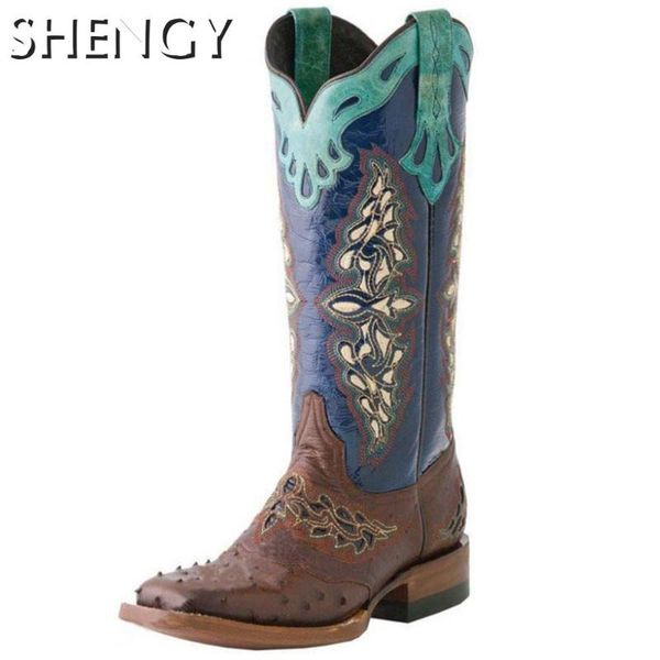 

boots autumn women shoes flower print mid-calf slip-on fashion outdoor patchwork ladies totem round toe males western, Black