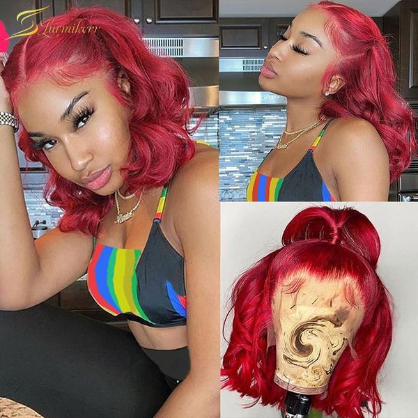 

red color short bob human hair wig deep body wave hd transparent lace burgundy13x6 frontal wigs for women pre plcuked, Black;brown