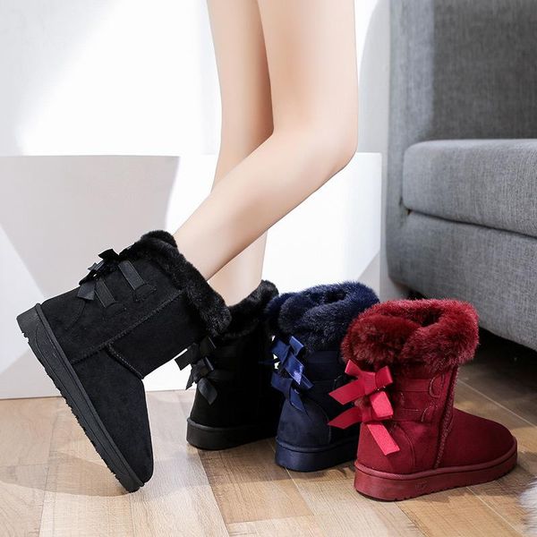 

boots women's snow short tube winter fashion leisure solid color non skid keep warm wear resistant brushed with bowknot, Black