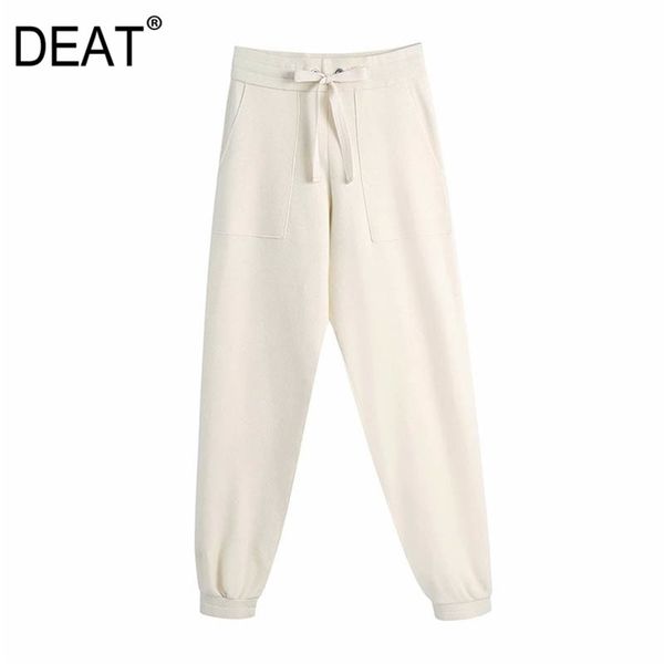 

[deat] spring autumn fashion high waist solid color drawstring knitting loose simple women pencil pants 13c404 210527, Black;white