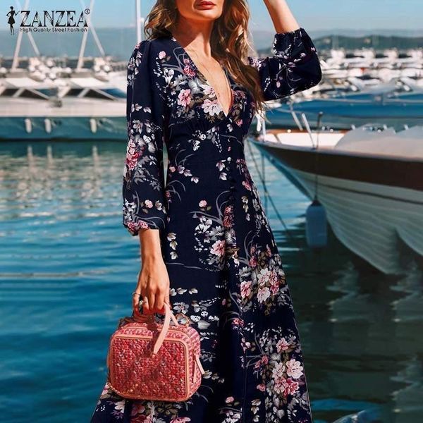 

casual dresses bohemia printed women dress 2022 autumn ladies puff sleeve maxi sundress deep v neck a-line vestidos holiday robe, Black;gray