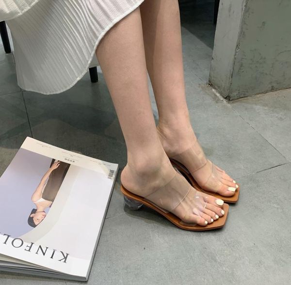 

slippers women slipper summer crystal heel beach transparent pvc sandals square toe slides size 35-39, Black
