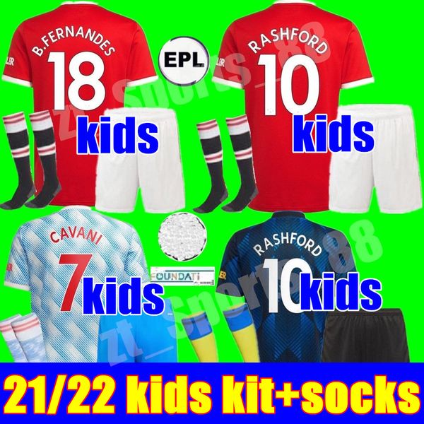 

21 22 kids kit youth sancho rashford soccer jerseys 2021 2022 manchester pogba cavani shaw van de beek b. fernandes lingard united greenwood, Black