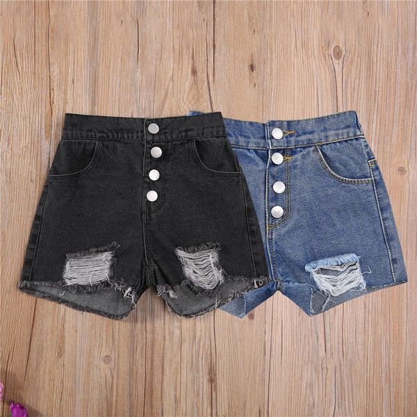 

shorts toddler kids girls ripped hole denim button decor pocket broken holes short pants children solid color cloth, Black