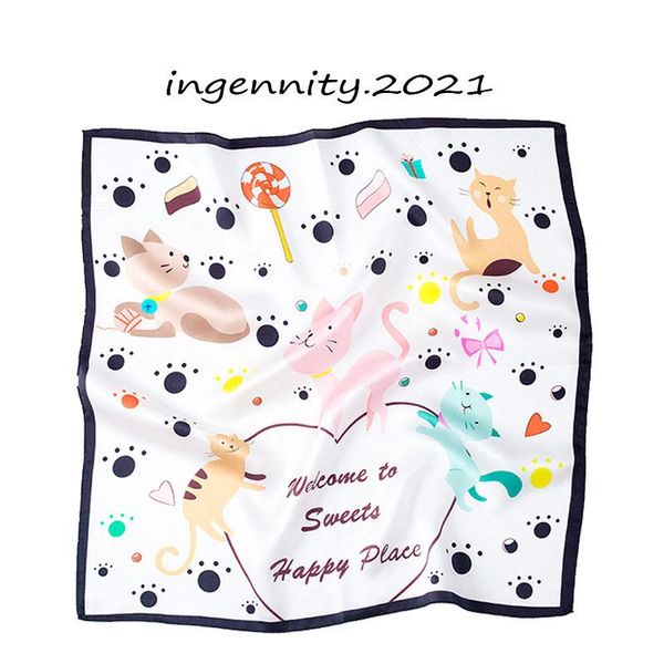 

100% pure silk square scarf women neck hair band bag scarves female neckerchief cartoon cats print small headband bandanas, Blue;gray