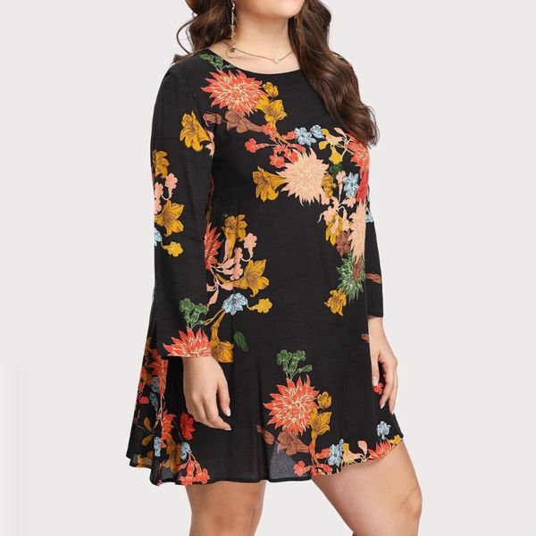 

casual dresses fashion women plus size o-neck flower print long sleeve loose dress motion leisure solid color style work clothes, Black;gray
