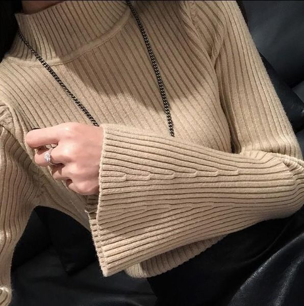 

women's sweaters fashion warm cashmere sweater bell sleeve mock neck sweet wool women jumper pull winter autumn pullover, White;black