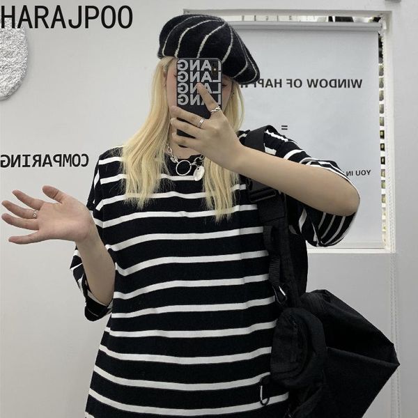 

women's t-shirt harajpoo women t-shirts couple casual summer korean ins trend retro stripes thin loose wild round neck short-sleeved, White