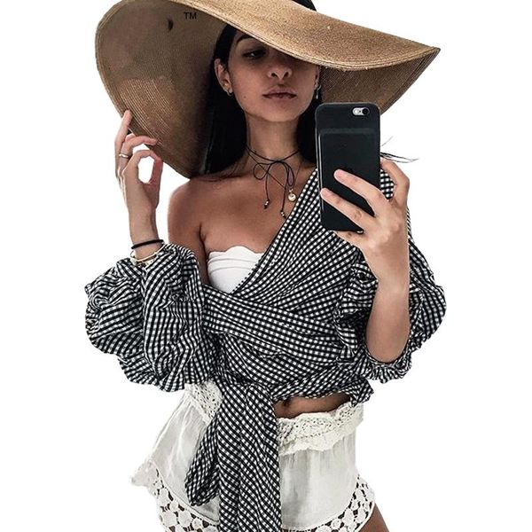 

women's blouses & shirts off shoulder blouse women white shirt puff sleeve deep v-neck with sash female plaid summer strappy short top
