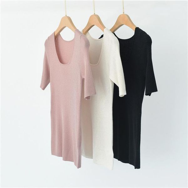 

women sweater 2021 summer solid color short-sleeved u-neck wool cashmere women's sweaters, White;black