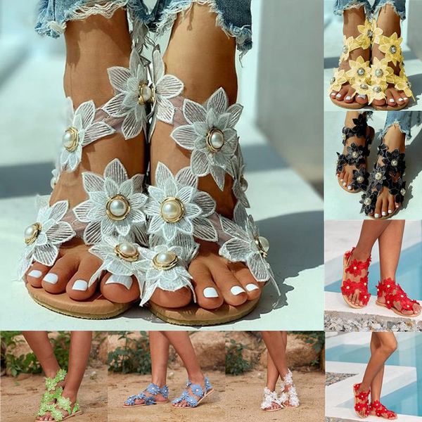 

bohemian sandals women's summer footwear fashion casual floral pearl flat toe ring beach shoes sandal zapatos de mujer, Black