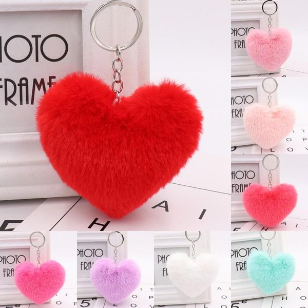 

faux pompom love heart keychains jewelry cute rabbit fur ball keyring for women girls car keyfobs phone hangbag pendant gift, Slivery;golden