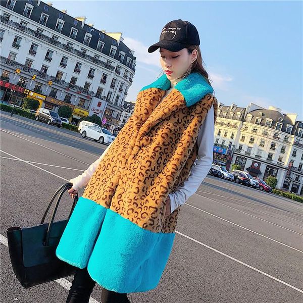 

women's fur & faux coat winter 2021 warm shoulder imitation medium length velveteen leopard print fashion vest, Black