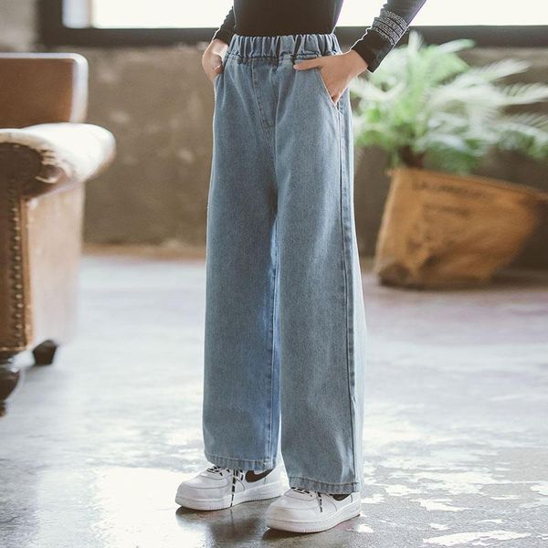 

jeans teen girls solid color loose trousers korean style high elastic waist denim wide leg pants children for 4-14y, Blue