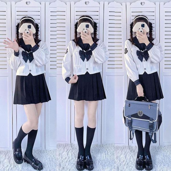 

clothing sets [teng nan qiu] summer long sleeves navy sailor suit women jk high school uniform class students girl cloths, White