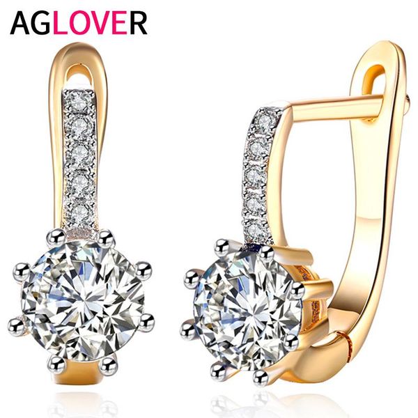 

shiny zircon 925 sterling silver 14mm blue / round big earrings for women fashion charm wedding party jewelry stud, Golden;silver