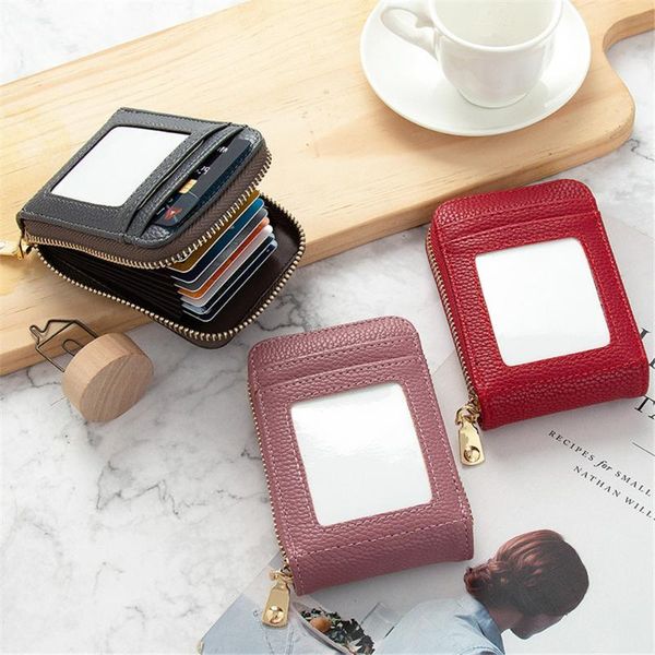 

card holders pu leather women mini id holder zipper wallets case coin purses business money change pouch key headset storage, Brown;gray