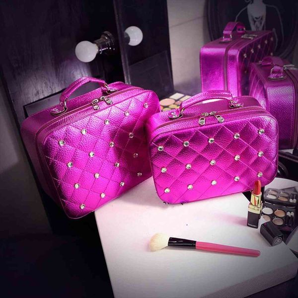 

professional women pu leather cosmetic bag case diamond portable vanity female big capacity makeup storage box 2 size