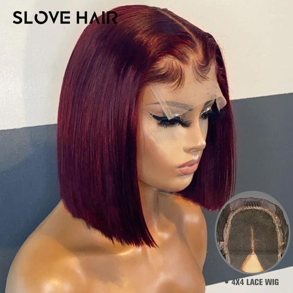 

burgundy red 150% bob straight 4x4 lace part human hair wig ombre highlight remy brazilian plucked middle ratio slove hair1, Black;brown