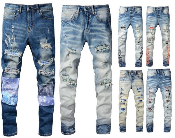 

mens luxury design jeans classical distressed motorcycle biker jean rock skinny ripped holes stripes famous designer denim long pants-4, Blue