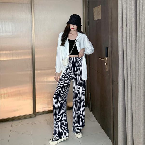 

style in autumn and winter 2021, zebra pattern, wide leg pants, high waist, sagging casual long fashionable pants women's & capris, Black;white
