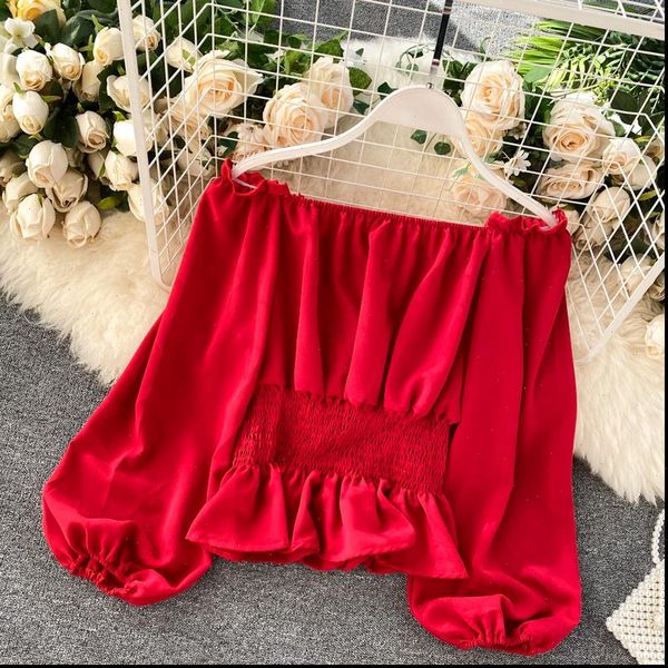 

spring autumn korean the women shirts solid color one line collar lantern sleeve strapless pullover blouse ll949, White