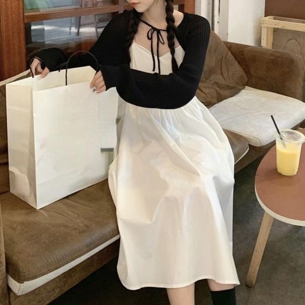 

casual dresses long sleeve vintage elegant dress women korea fashion retro midi strap dress+ pure color cardigan 2 piece set female 2021 aut, Black;gray