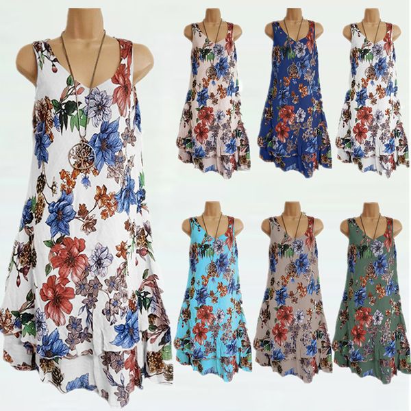 

charming dresses women's summer sleeveless double layer printed s-5xl, Black;gray