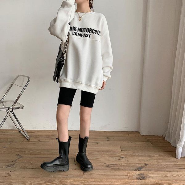 

women's hoodies & sweatshirts spring women o-neck print fleece oversize white full sleeve winter warm pullovers office lady casual, Black