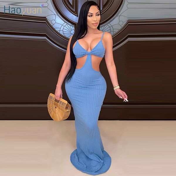 

haoyuan knitted spaghetti strap maxi dress hollow bodycon night dress women summer clothing sleeveless club ladies long dresses x0521, Black;gray