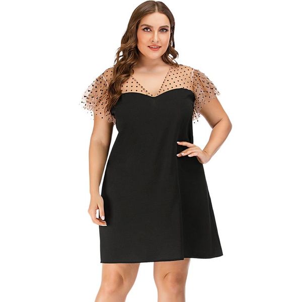 

plus size dresses women black dress sheer polka dot mesh sleeve patchwork party slim fashion event occation elegant for