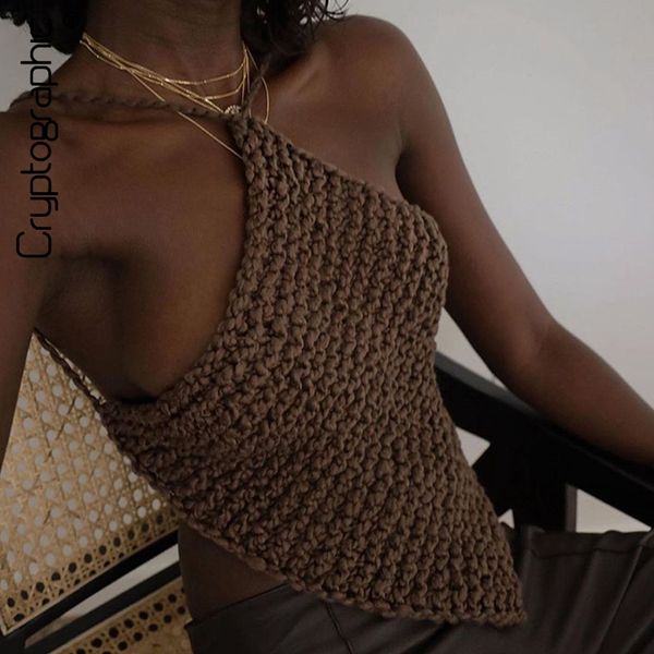 

cryptographic fashion bandage tie up halter knitted crop women baless 2021 summer beachwear cropped feminino top, Black;white