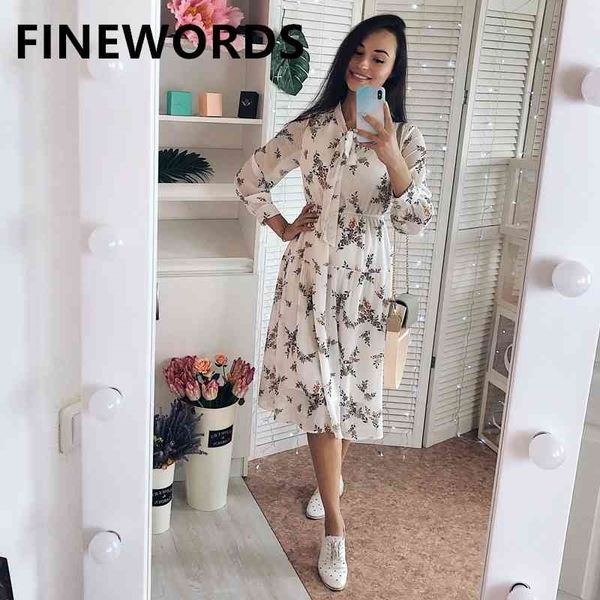 FINEWORDS Vintage Floral Herbst Kleid Koreanische Chiffon Print Langarm Kleider Elegante Süße Knie Länge Beige Party Kleid 210325