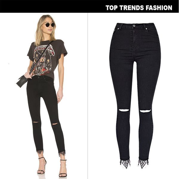 

women's high waist autumn and winter elastic washing knee hole black denim nine point trouser leg stitching lace, Blue