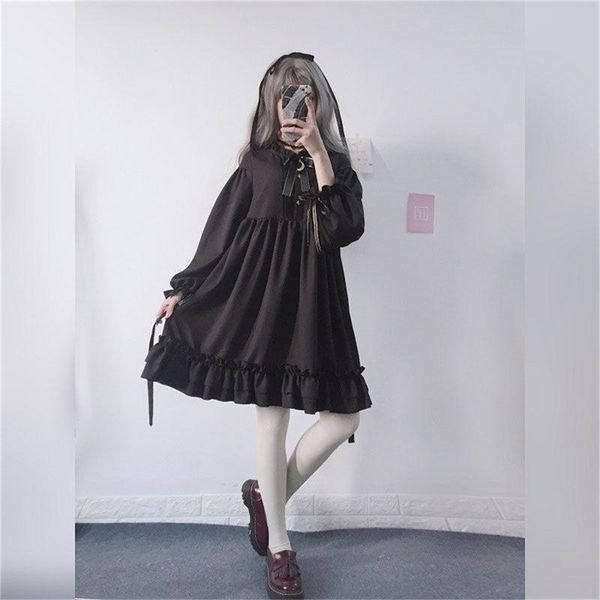 

casual dresses black ruffles dress lantern sleeve lolita style cute bow girl chiffon, Black;gray