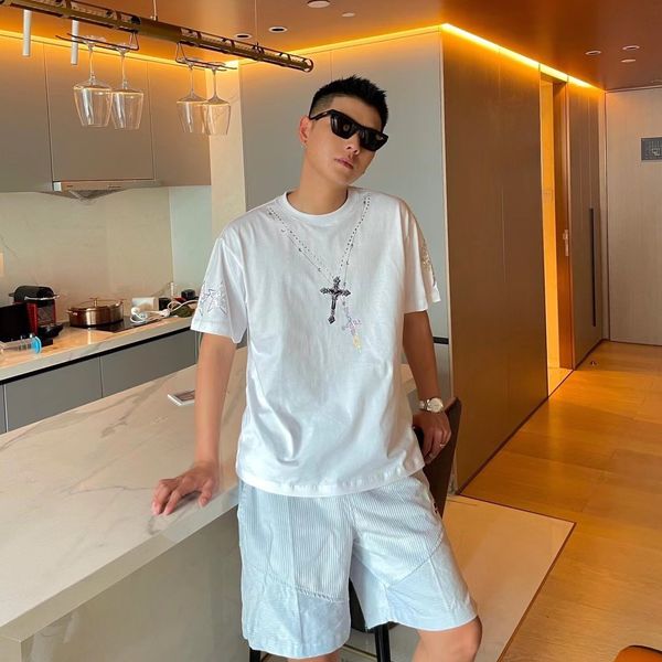 

65% off outlet online store new spring summer 2021 couple's cross necklace diamond reflector round neck short sleeve t-shirt, White