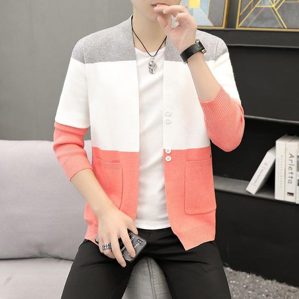 

men's sweaters 2021autumn and winter round neck slim-fit cardigan sweater youth striped color matching casual, White;black