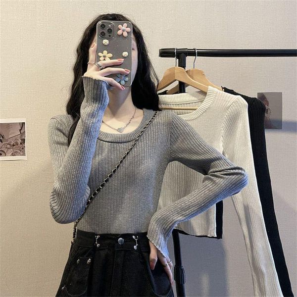 

women's sweaters women autumn winter gray o-neck long-sleeved pullover knitted shirt fashion student wild warm bottoming knit coat, White;black