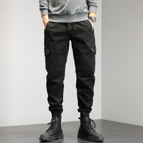 

men's pants military men skinny drawstring cotton work ankle length 9 part autumn trousers fashion bottoms streetwear, Black