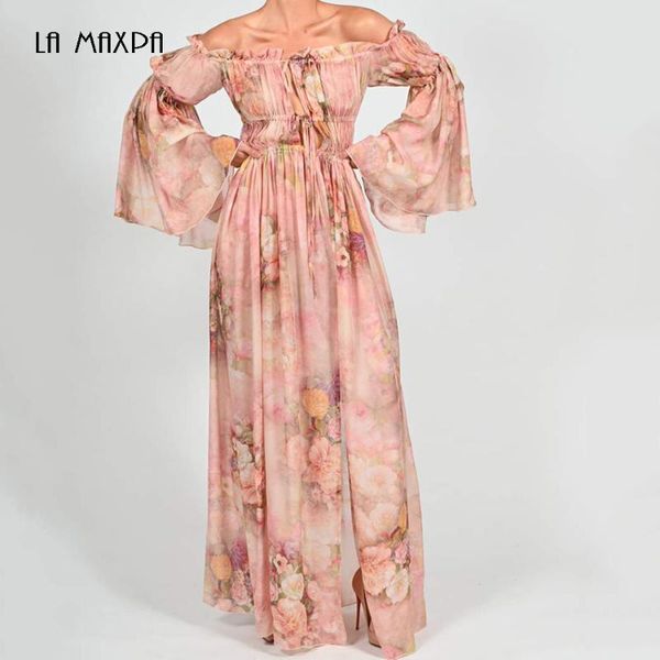 

casual dresses 2021 summer fashion printed flower one-neck off the shoulder long dress elegant club clothing, Black;gray