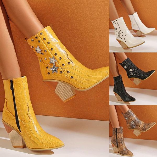 

boots 2021 fashion women's plus size studded super high heel snake pointed booties square 4 colors femael, Black