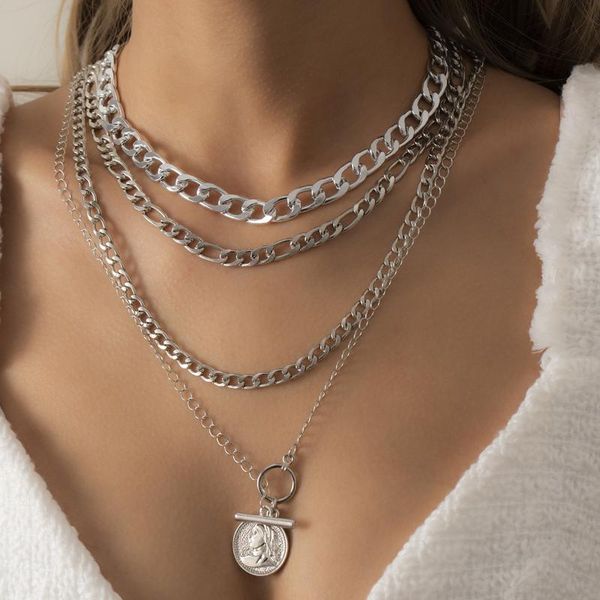 

chains 4pcs/set vintage layered portrait coin pendan necklace set chunky thick cuban link choker necklaces for women jewlery, Silver