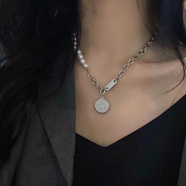 

minar minimalist silver color simulated pearl coin chokers necklaces for women chunky cuban chain asymmetric pendant necklace