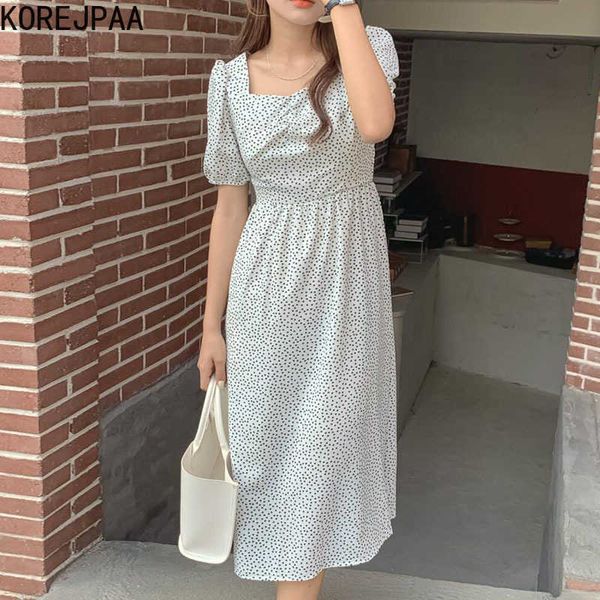 

korejpaa women dress summer korean chic temperament gentle square neck small floral back bow design short-sleeved vestidos 210526, Black;gray